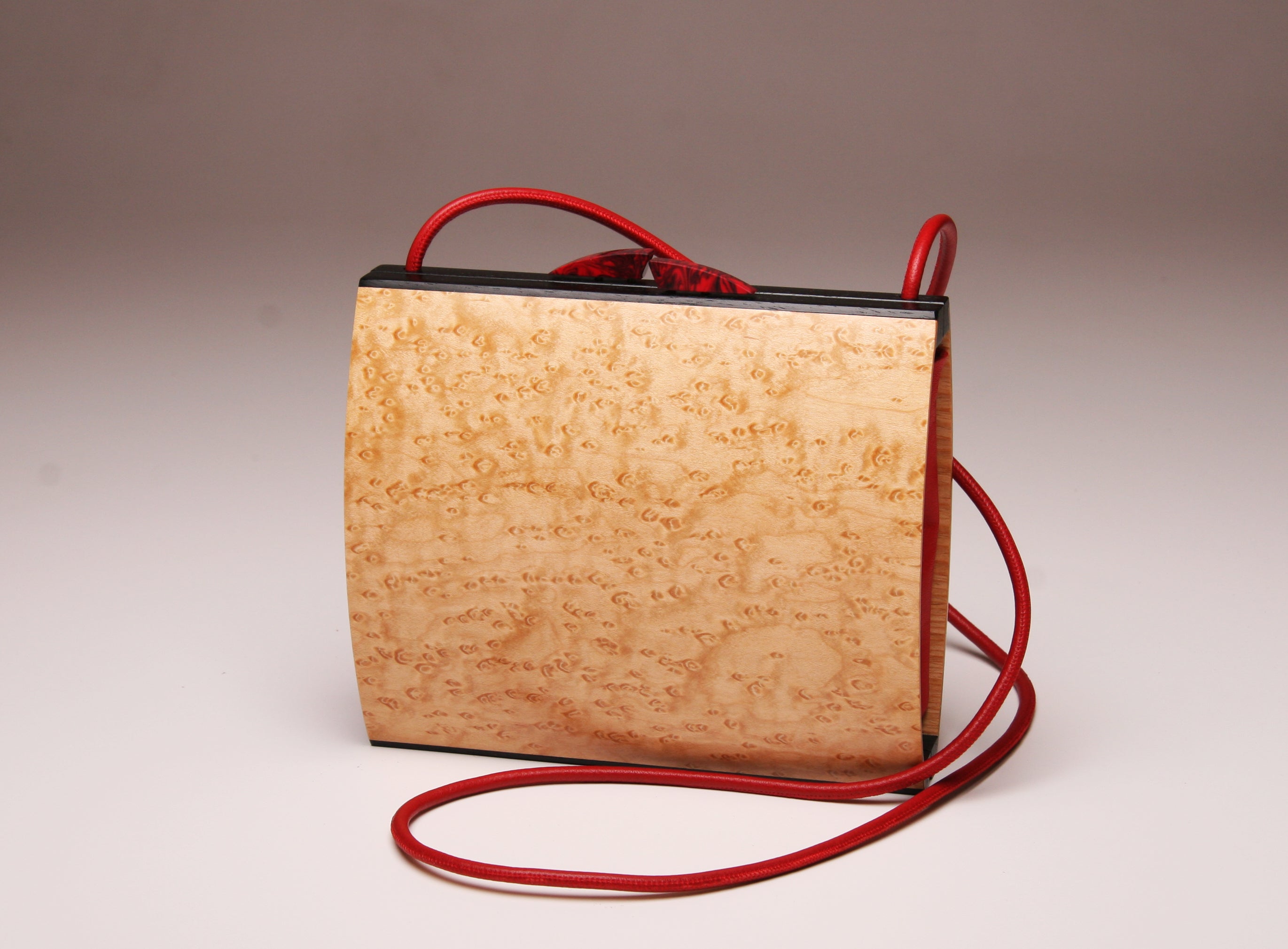 "Olearia" Medium Handbag - Birdseye Maple with Red Leather