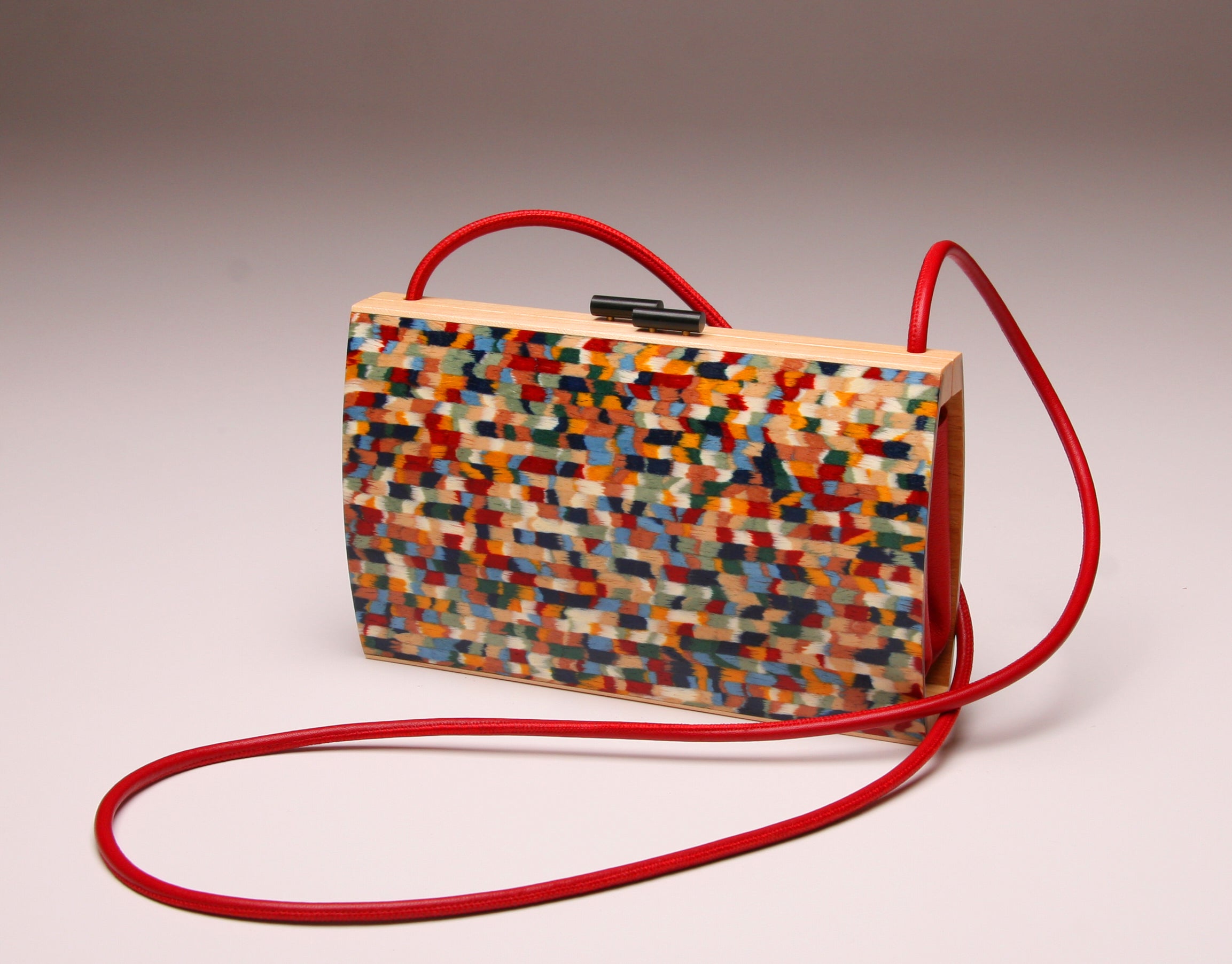 "Flora" Minaudiere - Rainbow with Maple Top Edge & Red Leather